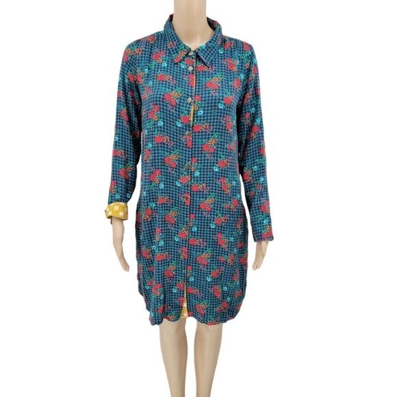Matilda Jane Dark Teal Blsck Gingham and Floral Button Up Shirt Midi Dress - Picture 1 of 13